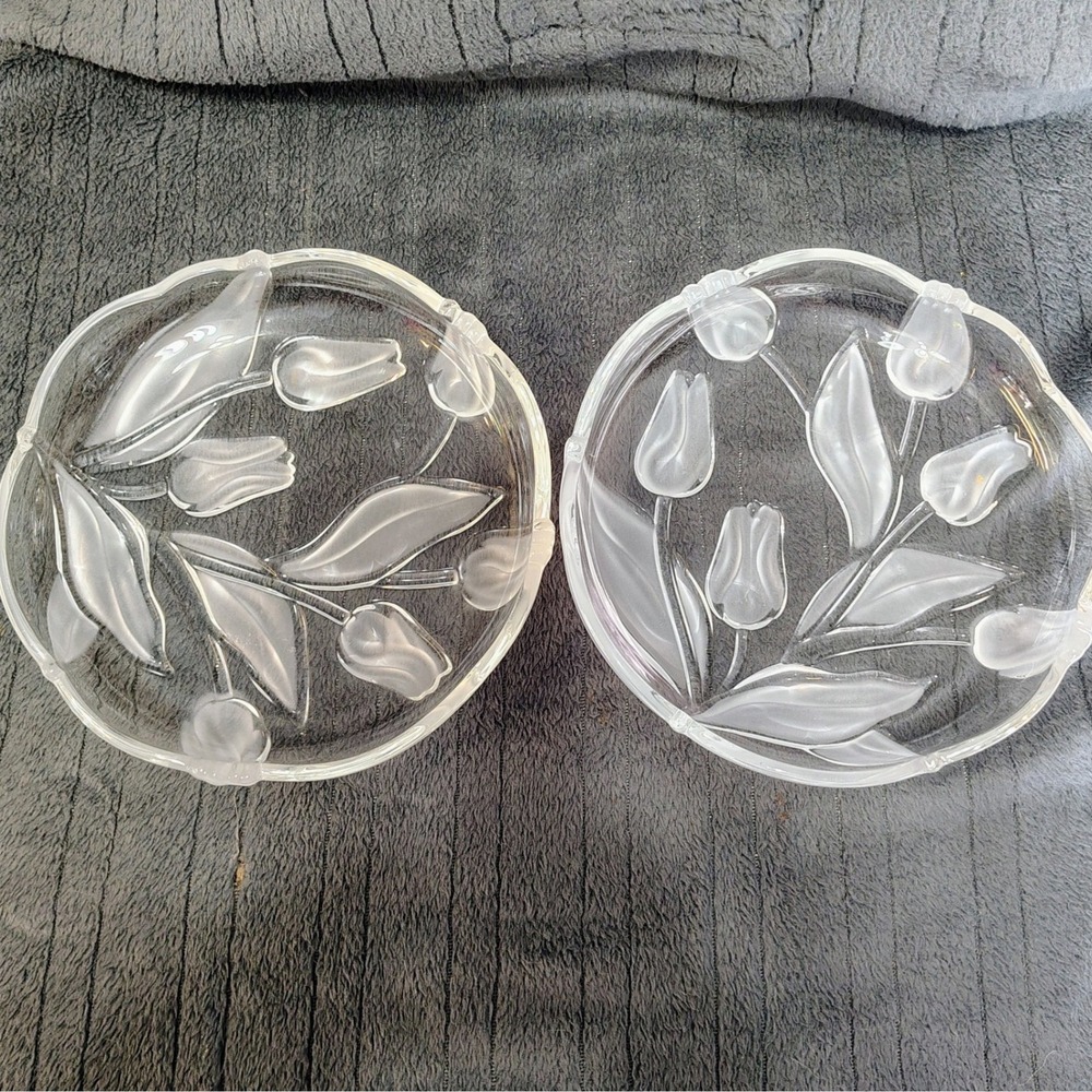 Mikasa French Tulips Frosted Crystal Glass 7 Inch Salad Dessert Plates Set of 2